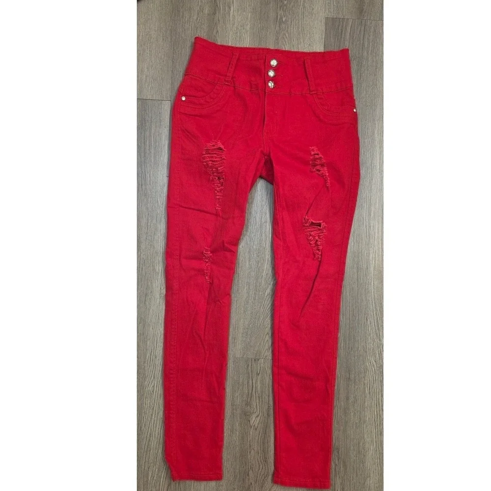 Silver Diva‎ Red Distressed Skinny Jeans High Rise Rhinestone Pocket Size 9